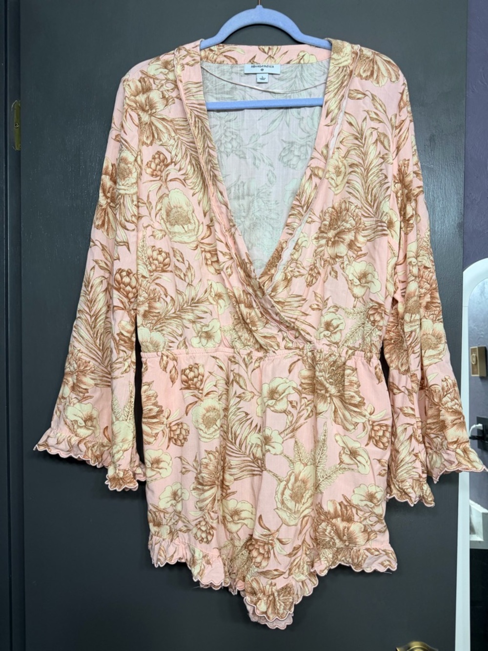 Agua Bendita Pink Floral Romper with Tan Leaf Print